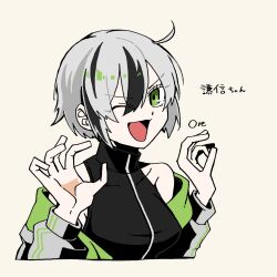 Rule 34 | 1girl, ahoge, alternate hairstyle, artist name, bare shoulders, black hair, breasts, character name, claw pose, fate/grand order, fate (series), goma1021, green eyes, hair between eyes, highres, jacket, large breasts, long sleeves, looking at viewer, multicolored hair, nagao kagetora (fate), one eye closed, open clothes, open mouth, short hair, simple background, sleeveless, smile, solo, two-tone hair, uesugi kenshin (fate), uesugi kenshin (second ascension) (fate), upper body, white background, white hair, white jacket