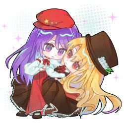 Rule 34 | 2girls, blonde hair, bow, bowtie, brown dress, brown hat, brown shoes, chibi, closed mouth, dancing, dolls in pseudo paradise, dress, frilled dress, frilled hat, frilled skirt, frills, happy, hat, hat ornament, jacket girl (dipp), label girl (dipp), long hair, long skirt, mary janes, multiple girls, neck ribbon, newsboy cap, purple eyes, purple hair, red bow, red bowtie, red eyes, red hat, red ribbon, red skirt, ribbon, shoes, skirt, smile, star (symbol), star hat ornament, tango, top hat, touhou, very long hair, xixingsiyuyuko