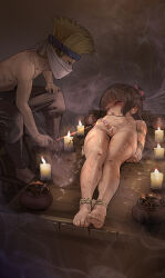 2boys absurdres arms_behind_back bdsm blood bondage bound bound_arms bound_legs bound_wrists censored chi_lian_(yewang19) completely_nude feet highres multiple_boys nipples nude original penis penis_piercing piercing restrained rope shibari small_penis small_testicles soles stationary_restraints testicles tied_up_(nonsexual) torture trap yewang19 zenra
