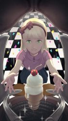 1girl circus_baby_(fnaf) blonde_hair blouse bow confetti elizabeth_afton five_nights_at_freddy&#039;s five_nights_at_freddy&#039;s:_sister_location food green_eyes hair_bow highres ice_cream ice_cream_cone long_hair oyoso_goku pink_shirt shirt skirt smile