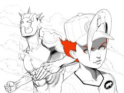 2boys baseball_cap baseball_uniform cd child cloud emporio_alnino eyeliner hat highres jojo_no_kimyou_na_bouken keiimajima02 makeup male_focus multiple_boys red_hair sportswear spot_color stone_ocean weather_report weather_report_(stand)
