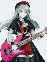 1girl absurdres ascot bang_dream! bang_dream!_it&#039;s_mygo!!!!! beret black_capelet black_thighhighs capelet chinese_commentary closed_mouth commentary_request cowboy_shot earrings green_hair grey_ascot grey_background grey_shirt hat highres holding holding_instrument instrument jewelry long_hair long_sleeves looking_at_viewer red_hat red_shorts shirt shorts simple_background sketch solo split_mouth standing thighhighs wakaba_mutsumi yellow_eyes zhishi_mao_tiao