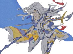 1boy armor beads blue_eyes blue_headband cape cecil_harvey cuirass cuisses dene_tri fighting_stance final_fantasy final_fantasy_iv full_armor full_body fur-trimmed_cape fur_trim grey_hair hair_beads hair_ornament headband highres holding holding_polearm holding_weapon long_hair looking_at_viewer male_focus muted_color pauldrons polearm scabbard serious sheath shoulder_armor signature single_pauldron solo spiked_armor spiked_pauldrons sword sword_on_back tassel vambraces waist_cape weapon weapon_on_back white_fur yellow_cape