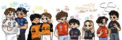 1girl 6+boys 83tanawin :d alexander_albon artist_name black_eyes black_hair black_pants black_shirt blank_speech_bubble blonde_hair blue_eyes blue_hat blue_pants blue_shirt blush_stickers brown_hair charles_leclerc closed_eyes closed_mouth commentary doriane_pin english_commentary f1_academy ferrari formula_3 formula_one gabriel_bortoleto george_russell green_eyes grey_pants hand_up hat holding hood hood_down jacket lando_norris long_hair mclaren mercedes-benz multiple_boys open_mouth orange_shirt oscar_piastri pants rafael_camara red_bull red_shirt safety_pin sauber shirt short_hair short_sleeves signature simple_background smile speech_bubble t-shirt tsunoda_yuuki_(racecar_driver) twitter_username white_background white_jacket white_pants williams_racing