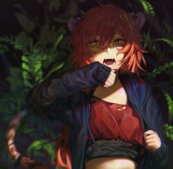 Rule 34 | 1girl, 23i2ko, animal ears, blue jacket, crop top, forest, hair between eyes, hand over face, hand up, horizontal spotlight, jacket, kemonomimi mode, long hair, looking at viewer, messy hair, nature, orange eyes, orange hair, original, solo, stomach, tail, tiger ears, tiger tail, very long hair