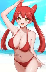 1girl :d arm_up beach bikini breasts cloud collarbone commentary_request commission cowboy_shot creatures_(company) day game_freak gen_3_pokemon happy highres latias latias_(human)_(pokemon_adventures) leaning_forward legendary_pokemon navel nintendo open_mouth outdoors pokemon pokemon_adventures red_bikini red_hair sand shore sky smile solo surippa1010 swimsuit teeth tongue twintails twitter_username two_side_up upper_teeth_only water watermark yellow_eyes