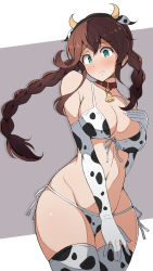 1girl animal_ears animal_print bell bikini blush braid breasts brown_hair cleavage closed_mouth cow_ears cow_horns cow_print cowbell cowboy_shot elbow_gloves fake_animal_ears fake_horns gloves green_eyes hair_between_eyes highres horns kantai_collection large_breasts long_hair nel-c noshiro_(kancolle) solo swimsuit thighhighs twin_braids two-tone_background white_bikini white_gloves white_thighhighs