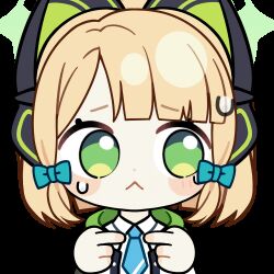 1girl :&lt; animal_ear_headphones animal_ears animated animated_gif aqua_necktie blonde_hair blue_archive blunt_bangs blunt_ends blush_stickers bow cat_ear_headphones cat_ears chibi chibi_only chunye_haruya closed_mouth collared_shirt commission disembodied_hand dot_nose fake_animal_ears green_bow green_eyes green_halo green_jacket hair_bow halo headphones hood hooded_jacket index_fingers_together jacket looking_at_viewer low-tied_sidelocks lowres medium_hair midori_(blue_archive) missing_commentary necktie open_clothes open_jacket parted_bangs school_uniform second-party_source shirt sidelocks simple_background solo sweat sweatdrop transparent_background upper_body white_shirt