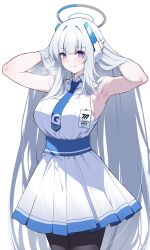 1girl absurdres armpits black_pantyhose blue_archive blue_necktie breasts collared_shirt dress halo highres holding holding_own_hair id_card large_breasts long_hair looking_at_viewer mechanical_halo necktie noa_(blue_archive) official_alternate_costume pantyhose pleated_skirt purple_eyes reia_76 shirt simple_background skirt sleeveless sleeveless_shirt smile solo sweat very_long_hair white_background white_dress white_hair white_halo white_shirt white_skirt