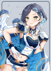 Rule 34 | 1girl, absurdres, black hair, blue collar, blue ribbon, blue vest, braid, braided bangs, breasts, brown eyes, cleavage, collar, commentary request, detached collar, earrings, gloves, grey background, hand up, hayami kanade, highres, idolmaster, idolmaster cinderella girls, idolmaster cinderella girls starlight stage, inset border, jacket, jacket on shoulders, jewelry, looking at viewer, medium breasts, necktie, outside border, parted lips, ribbon, rino cnc, short necktie, short shorts, shorts, smile, solo, striped clothes, striped vest, swept bangs, vertical-striped clothes, vertical-striped vest, vest, white gloves, white jacket, white necktie, white shorts, wing collar