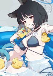 1girl animal_ears bikini black_eyes blue_archive blue_bikini blue_tail cat_ears cat_girl cat_tail criss-cross_halter halterneck kikyou_(blue_archive) kikyou_(swimsuit)_(blue_archive) layered_bikini multiple_tails navel official_alternate_costume rubber_duck solo swimsuit tail tautiki two_tails