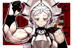 1boy 1girl armor dogmatika_alba_zoa duel_monster expressionless gameplay_mechanics grey_eyes grey_hair hat horns long_hair looking_at_viewer monster muscular muscular_female plate_armor torso translation_request very_long_hair white_hair white_relic_of_dogmatika yu-gi-oh! zidai_okuraven