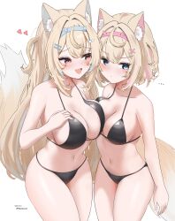 2girls absurdres animal_ear_fluff animal_ears averting_eyes bandaid bandaid_hair_ornament bikini black_bikini blonde_hair blue_eyes blue_hair blue_hairband breasts cleavage commentary crossed_bangs dog_ears dog_girl dog_tail double-parted_bangs english_commentary fuwawa_abyssgard hair_between_eyes hair_intakes hair_ornament hairband hairclip hand_on_own_chest highres hololive hololive_english horn_hairband large_breasts long_hair looking_at_another medium_breasts mococo_abyssgard multicolored_hair multiple_girls navel pink_eyes pink_hair pink_hairband short_hair siblings simple_background sisters streaked_hair swimsuit tail twins two_side_up vanillafox2035 virtual_youtuber white_background x_hair_ornament