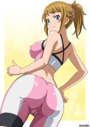 Rule 34 | 1girl, ass, back, bare shoulders, bike shorts, blue eyes, border, breasts, brown hair, butt crack, cameltoe, closed mouth, commentary request, covered erect nipples, cowboy shot, from behind, from below, gundam, gundam build fighters, gundam build fighters try, hand on own hip, highres, hoshino fumina, large breasts, looking at viewer, medium hair, midriff, moeshino, pink shorts, pink sports bra, ponytail, scrunchie, shorts, sidelocks, smile, solo, sports bra, standing, thumbs up, twitter username, two-tone sports bra, white border, white shorts, white sports bra, yellow background