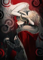 1boy 1girl absurdres alternate_universe armor body_fur brother_and_sister chimera cloak closed_eyes closed_mouth completely_nude dungeon_meshi facing_ahead falin_touden falin_touden_(chimera) fur-trimmed_cloak fur_trim gauntlets grey_hair hands_on_another&#039;s_head hands_up height_difference highres hood hooded_cloak jiu_zhi_jun_(kipll_bobo) laios_touden leaning_on_person leaning_to_the_side looking_at_viewer monster_girl nude plate_armor profile red_background red_cloak red_theme short_hair siblings slit_pupils smile spiral spoilers sword upper_body weapon yellow_eyes