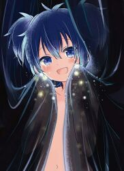 1girl :d bed_sheet blue_hair blush collarbone completely_nude covering_breasts covering_privates dark_blue_hair double_bun eyebrows_hidden_by_hair fangs female_focus flat_chest hair_bun happy_sugar_life kagisora_tomiyaki koube_shio light light_particles loli looking_at_viewer messy_hair naked_sheet night nude official_art open_mouth out-of-frame_censoring particles short_hair smile solo sparkling_eyes tears