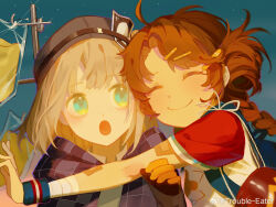 1boy 1girl :o ^_^ aqua_eyes bandaged_wrist bandages blonde_hair blue_background blue_cloak bob_cut boxing_gloves braid brown_gloves brown_hair brown_hat cloak closed_eyes closed_mouth double_bun ezra_theodore gauze gauze_on_arm gloves hair_bun hair_ornament hairclip hand_up hat highres hug_from_side long_hair looking_at_another looking_to_the_side low_twin_braids open_mouth reverse:1999 shirt short_hair short_sleeves smile spathodea_(reverse:1999) t-shirt trouble_eater twin_braids unworn_gloves watermark weibo_watermark white_shirt wristband