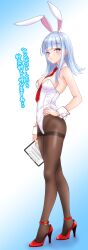 1girl absurdres alternate_costume black_pantyhose blue_eyes blue_hair breasts clipboard flipped_hair full_body gradient_background hand_on_own_hip hatsukaze_(kancolle) highres kantai_collection leotard long_hair medium_breasts necktie nitamako_(sakamalh) pantyhose red_footwear red_necktie solo thighband_pantyhose translation_request white_background white_leotard