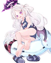 1girl barefoot black_horns blue_archive blue_one-piece_swimsuit chaosexceed character_name commentary demon_girl demon_horns demon_wings english_commentary feet flat_chest full_body halo highres hina_(blue_archive) hina_(swimsuit)_(blue_archive) horns long_hair looking_at_viewer low_wings mixed-language_commentary official_alternate_costume one-piece_swimsuit one_side_up open_mouth parted_bangs purple_eyes purple_halo purple_wings sandals school_swimsuit simple_background soles solo swimsuit teeth toes unworn_sandals upper_teeth_only wavy_hair white_background white_hair wings
