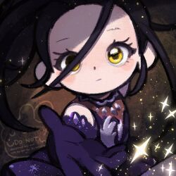 1girl black_hair closed_mouth deformed forehead gloves kamisaki_hikaru looking_at_viewer medalist_(manga) solo sparkle yellow_eyes yknsugar