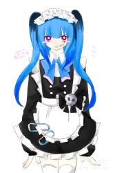 1girl amemiya_darumi apron black_dress black_hair blue_hair dress female_focus looking_at_viewer maid maid_apron maid_headdress makeup multicolored_hair open_mouth pink_eyes runny_makeup simple_background solo solo_focus standing the_hundred_line_-last_defense_academy- thighhighs white_background white_thighhighs