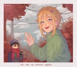 Rule 34 | 2boys, basil (faraway) (omori), basil (omori), black coat, black eyes, black gloves, black hair, blonde hair, blue eyes, bluesky username, blush, coat, day, english text, fingerless gloves, flower, gloves, green coat, hair flower, hair ornament, highres, lips, long sleeves, looking at viewer, male focus, mel (melmellie), multiple boys, omori, open mouth, outdoors, red scarf, scarf, signature, smile, spoilers, sunny (omori), teeth, tree, twitter username, upper teeth only