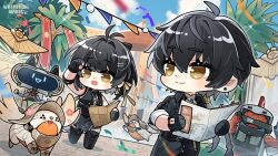 1boy 1girl absurdres antenna_hair black_dress black_gloves black_hair black_jacket blue_sky chibi chibi_only closed_mouth commentary confetti day dress dual_persona earrings english_commentary female_rover_(wuthering_waves) gloves hair_intakes hair_ribbon highres holding holding_map jacket jewelry logo male_rover_(wuthering_waves) map official_art open_mouth outdoors ribbon rover_(wuthering_waves) sky sleeves_rolled_up smile tacet_discord_(wuthering_waves) triangle_earrings wuthering_waves yellow_eyes yellow_ribbon