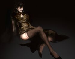 1girl black_dress black_eyes black_hair cleavage_cutout clothing_cutout double-parted_bangs dress full_body hair_between_eyes jewelry kim_dokja leaning_back lipstick looking_at_viewer macaronijail makeup necklace omniscient_reader&#039;s_viewpoint on_ground short_dress short_hair sitting smile solo thighhighs zettai_ryouiki