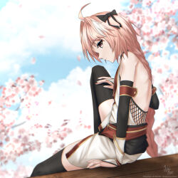 1boy astolfo_(exhibition_attire)_(fate) astolfo_(fate) black_bow black_ribbon black_thighhighs blue_sky blurry blurry_background bow braid cherry_blossoms crossdressing facing_to_the_side fate/apocrypha fate/grand_order fate_(series) hair_bow hair_intakes hair_ribbon hands_on_own_leg highres leg_up light_smile long_hair looking_at_viewer male_focus multicolored_hair non-web_source official_alternate_costume otakuotaco outdoors pink_eyes pink_hair ribbon single_braid sitting sky streaked_hair thighhighs trap very_long_hair white_hair