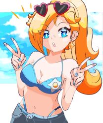 1girl :o absurdres alternate_costume alternate_hairstyle bare_shoulders bikini bikini_under_shorts blonde_hair blue_bikini blue_eyes blue_nails blue_shorts breasts cleavage commentary double_v earrings english_commentary eyewear_on_head heart heart-shaped_eyewear highres hoshinokotta jewelry long_hair looking_at_viewer mario_(series) navel nintendo open_mouth ponytail rosalina shorts solo star_(symbol) star_earrings sunglasses swimsuit teeth upper_teeth_only v