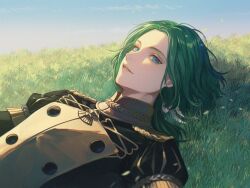 1boy blue_eyes commentary commentary_request english_commentary field fire_emblem fire_emblem:_three_houses garreg_mach_monastery_uniform grass green_hair hair_ribbon highres jacket linhardt_von_hevring looking_to_the_side lying male_focus mixed-language_commentary nintendo on_back outdoors parted_hair parted_lips ribbon school_uniform sky smile solo upper_body white_ribbon wrainbow13