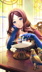 1girl blue_eyes blue_gloves blush breasts brown_dress brown_hair chair dress elbow_gloves fate/grand_order fate_(series) forehead gloves gold_trim grin large_breasts leonardo_da_vinci_(fate) long_hair looking_at_viewer non-humanoid_robot official_art parted_bangs puff_and_slash_sleeves puffy_short_sleeves puffy_sleeves robot robot_animal robot_bird short_sleeves simosi sitting smile solo table
