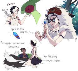 2boys ashitaka ashitaka_(cosplay) black_hair black_skirt commentary_request cosplay creatures_(company) earrings eyes_visible_through_hair facepaint flygon galarian_form galarian_linoone game_freak gen_3_pokemon gen_8_pokemon hat highres holding jewelry korean_commentary korean_text male_focus mononoke_hime multicolored_hair multiple_boys necklace nintendo open_mouth piers_(pokemon) pokemon pokemon_swsh raihan_(pokemon) riding riding_pokemon san_(cosplay) san_(mononoke_hime) skirt smile sparkle translation_request tree two-tone_hair white_hair zigzagdb