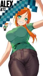 Rule 34 | 1girl, absurdres, alex (minecraft), arm up, bright pupils, brown pants, character name, green eyes, green shirt, highres, long hair, looking at viewer, minecraft, minecraft sword, orange hair, pants, ponytail, shirt, short sleeves, signature, simple background, sparkle, sword, weapon, white background, white pupils, yasaikakiage