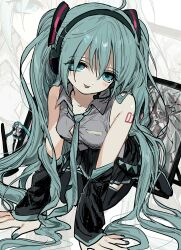 Rule 34 | 1girl, :p, absurdres, ahoge, all fours, black boots, black skirt, blue eyes, blue hair, blue nails, blue necktie, blush, boots, breasts, broken screen, button gap, collared shirt, detached sleeves, figure, grey shirt, half-closed eyes, hatsune miku, headphones, highres, jihecchi, long hair, looking at viewer, loose necktie, medium breasts, miniskirt, necktie, number tattoo, pleated skirt, popped collar, shirt, shoulder tattoo, skirt, sleeveless, sleeveless shirt, smile, solo, tablet pc, tattoo, thigh boots, tongue, tongue out, twintails, very long hair, vocaloid, zoom layer