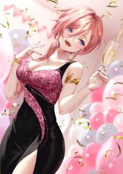 alcohol armband balloon bare_shoulders birthday black_dress blue_eyes blush bracelet breasts champagne cleavage confetti cup dress earrings highres holding holding_cup hololive jewelry long_dress mary_is_mine multicolored_dress pink_hair side_ponytail strapless strapless_dress takane_lui