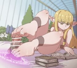 1girl animated animated_gif bar_censor barefoot blonde_hair book censored completely_nude cum ejaculation feet footjob funen_gomi_m glansjob long_hair male_squirt nude parted_lips pointless_censoring pointy_ears post_orgasm_torture pussy reading serie_(sousou_no_frieren) soles sousou_no_frieren tagme toes two-footed_footjob yellow_eyes