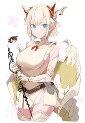 Rule 34 | 2girls, black hair, blonde hair, blue eyes, breasts, chibi, cowboy shot, dragon girl, dragon horns, highres, horns, large breasts, multiple girls, myr (p&amp;d), pointy ears, puzzle &amp; dragons, red eyes, red ribbon, ribbon, sakuragi raia, short hair, simple background, sleeveless, thighhighs, white background, zettai ryouiki