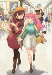1boy 6+girls annette_fantine_dominic bag belt blue_dress blunt_bangs blush bonnet boots bracelet braid breasts brown_coat brown_footwear brown_hair brown_socks clothes_rack coat commentary contemporary credit_card cup denim disposable_coffee_cup disposable_cup dorothea_arnault dress drinking_straw drinking_straw_in_mouth earrings elbow_carry english_commentary eyewear_on_head fire_emblem fire_emblem:_three_houses gift green_eyes green_little green_sweater handbag happy hilda_valentine_goneril holding holding_bag jacket jacket_on_shoulders jeans jewelry knee_boots large_breasts long_hair looking_at_another lysithea_von_ordelia mall manuela_casagranda map_(object) medium_hair mercedes_von_martritz miniskirt multiple_girls nail_polish nintendo open_mouth orange_hair overalls pants pantyhose pink_eyes pink_hair red_hair ring shadow shirt shopping short_dress side_braid skirt socks sunglasses sweater sylvain_jose_gautier turtleneck twintails very_long_hair white_hair white_shirt white_skirt white_socks yellow_headwear yellow_jacket