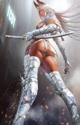 1girl armor ass azazel1944 bikini_armor boots bow bow_panties elbow_gloves gloves highres holding holding_sword holding_weapon japanese_armor katana long_hair looking_at_viewer no_pants panties pauldrons realistic shoulder_armor solo sword thigh_boots thighhighs thong underwear warrior weapon white_gloves white_panties white_thighhighs