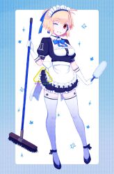 1girl ahoge antenna_hair apron arcueid_brunestud black_shoes blonde_hair breasts broom cleavage commentary_request duster frilled_apron frills gloves hair_ribbon highres holding holding_broom holding_duster looking_at_viewer maid maid_apron maid_headdress medium_breasts one_eye_closed red_eyes ribbon shoes short_hair side_dish030 smile solo thighhighs tsukihime type-moon white_apron white_gloves