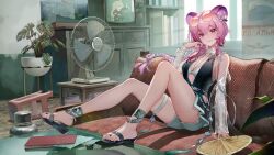 1girl absurdres alk_1073761076 animal_ears aquarium arknights bare_shoulders belt bikini bikini_under_clothes black_shirt blush book bookshelf braid braided_ponytail breasts cabinet center_opening chair chinese_commentary cleavage closed_mouth commentary_request couch crossed_bangs day dragon_print electric_fan eyewear_on_head feet full_body grey_shorts hair_between_eyes hair_ornament hand_fan hand_up head_tilt highres holding holding_fan indoors jacket jewelry knee_up leg_up legs light_rays lin_(arknights) lin_(summer_flowers)_(arknights) long_hair long_sleeves looking_at_viewer medium_breasts mouse_ears mouse_girl o-ring o-ring_bikini off_shoulder official_alternate_costume on_couch open_clothes open_jacket orange-tinted_eyewear paper pink_eyes pink_hair pink_lips plant potted_plant red_pupils ring sandals see-through_clothes see-through_jacket shelf shirt short_shorts shorts side_braid sitting sleeveless sleeveless_shirt smile solo star_(symbol) star_hair_ornament swimsuit table tassel television thigh_strap thighs tinted_eyewear toes very_long_hair white_bikini window