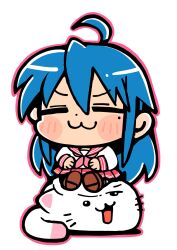 1girl :3 ahoge bkub black_eyes black_socks blue_hair blush_stickers brown_shoes cat chibi chibi_only closed_eyes closed_mouth dot_nose full_body hair_between_eyes highres izumi_konata long_hair long_sleeves lucky_star mole mole_under_eye neckerchief nyamou on_animal open_mouth outline pink_neckerchief pink_outline pleated_skirt red_sailor_collar red_skirt ryouou_school_uniform sailor_collar school_uniform serafuku shirt shoes simple_background sitting sitting_on_animal skirt socks very_long_hair white_background white_cat white_shirt
