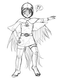 1girl akatuki_(yamina) alternate_costume belt bird_tail bird_wings dress eagle_spirit_(touhou) gatchaman greyscale helmet highres ken_the_eagle monochrome niwatari_kutaka short_dress simple_background sketch solo tail touhou white_background wily_beast_and_weakest_creature wings
