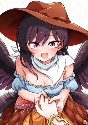 1girl :d bandana bandana_around_neck black_hair black_wings blue_shirt breasts brown_hat brown_skirt cleavage commentary_request commission cowboy_hat cowboy_shot feathered_wings frilled_sleeves frills hat highres holding_another&#039;s_finger kurokoma_saki long_hair looking_at_viewer medium_breasts off-shoulder_shirt off_shoulder open_mouth out_of_frame purple_eyes red_eyes scavia10 shirt short_sleeves skeb_commission skirt smile solo touhou toyosatomimi_no_miko white_bandana wings
