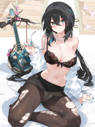 1girl alternate_costume aqua_nails arm_support armpit_crease bare_shoulders bead_necklace beads black_bra black_hair black_pantyhose black_skirt blush bow bow_bra bra breasts chinese_commentary commentary english_commentary glasses green_eyes hair_between_eyes highres holding holding_removed_eyewear honkai:_star_rail honkai_(series) jewelry lace lace_bra large_breasts long_hair looking_at_viewer mixed-language_commentary multicolored_hair multilingual_commentary nail_polish navel necklace open_clothes open_shirt panties panties_under_pantyhose pantyhose parted_lips ruan ruan_mei_(honkai:_star_rail) shirt sitting skirt solo stomach strap_slip streaked_hair torn_clothes torn_pantyhose underwear unworn_eyewear waterring white_panties white_shirt