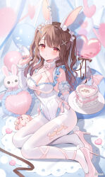 1girl breasts brown_hair cake candy cleavage commentary food hair_ornament happy_birthday heart heart-shaped_cake heart-shaped_food highres leotard lollipop long_hair looking_at_viewer medium_breasts original pantyhose pink_shoes red_eyes satoupote shoes solo stuffed_animal stuffed_rabbit stuffed_toy symbol-only_commentary twitter_username white_leotard white_pantyhose x_hair_ornament