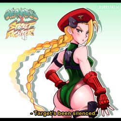 1girl arm_strap artist_name ass ass_focus bare_shoulders ben-day_dots beret blonde_hair braid cammy_white cammy_white_(cosplay) copyright_logo copyright_name cosplay crossover english_text fingerless_gloves from_behind gloves hat highres laurastar14 leotard looking_back overwatch pouch screentones shadow sleeveless street_fighter subtitled thigh_strap widowmaker_(overwatch)