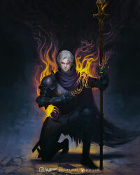 1boy armet armor artist_name blue_eyes burning cape colored_sclera commentary couter cuisses deviantart_logo deviantart_username elden_ring english_commentary fire full_armor gauntlets glowing helmet highres holding holding_weapon instagram_logo instagram_username knight looking_at_viewer no_headwear on_one_knee pauldrons plate_armor polearm red_sclera roundtable_knight_vyke shoulder_armor solo spear tassets thefearmaster twitter_logo twitter_username unworn_headwear unworn_helmet weapon