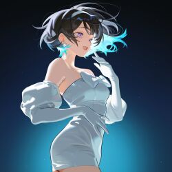 1girl absurdres alien_stage black_hair blue_background bow breasts chest_bow commentary detached_sleeves dress dress_bow earrings elbow_gloves english_commentary gloves highres jewelry juliet_sleeves long_sleeves open_mouth pearl_earrings puffy_sleeves purple_eyes sayume50 short_dress short_hair signature smile solo strapless strapless_dress sua_(alien_stage) white_bow white_dress white_gloves